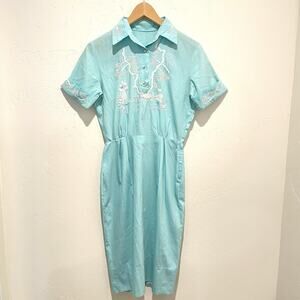 Vintage 50s Handmade Embroidered Dress Light Blue Hog Roasting Womens XS Prairie